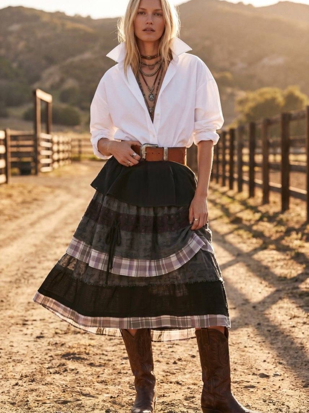Hand Crafted Plaid & Charcoal Tiered Midi Skirt
